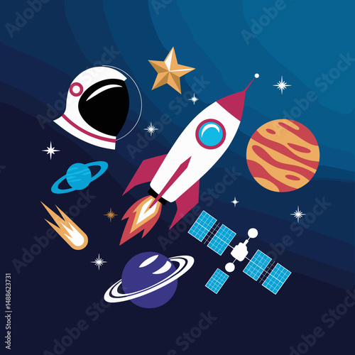 Circular arrangement of space travel icons with rocket in center – Great for brand logos, educational media, or astronomy visuals