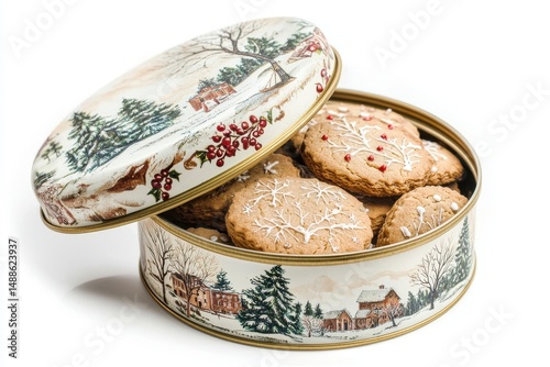 A decorative tin box with a winter scene holds festive cookies decorated with white icing, perfect for holiday gifting or treats.