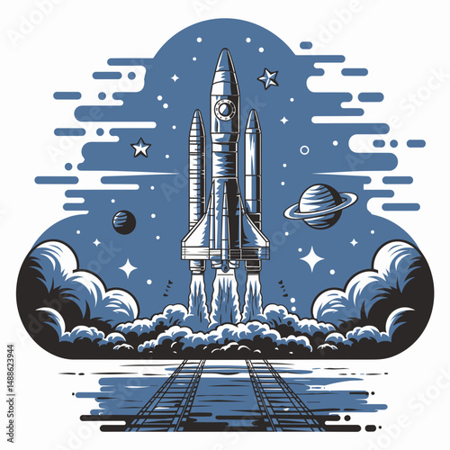 Vector rocket launch scene with stars, planets, and smoke trail – Suitable for tech campaigns, educational tools, or science fiction art