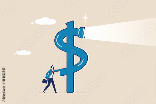 Financial vision or investment opportunity discovery, future inflation or interest rate forecast, economic or stock market prediction, smart businessman look into dollar sign telescope to see future.