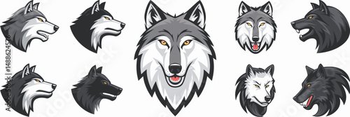 Vector icon collection of expressive wolves with unique markings