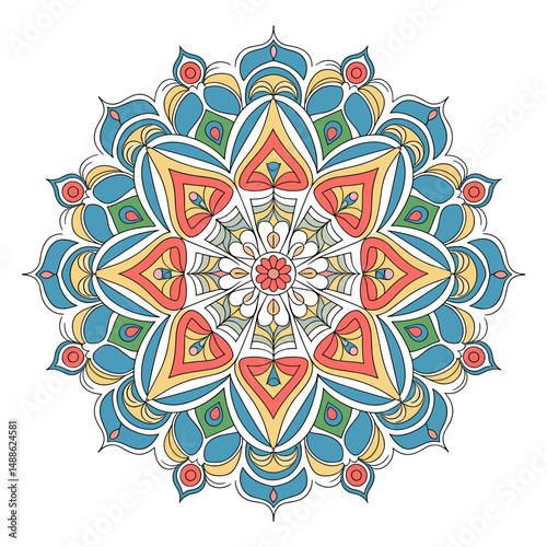 Colorful mandala pattern with geometric symmetry on white background