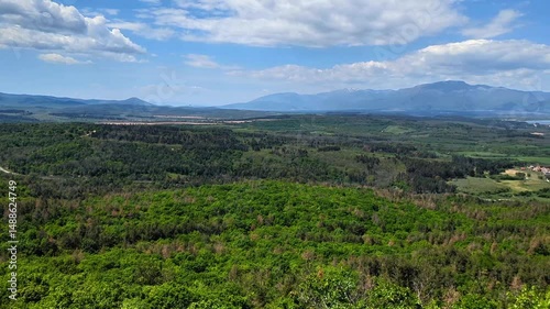Wallpaper Mural A panoramic view from the mountain over a green valley with blooming fields at the foot of the mountain and a forest around, a spring landscape Torontodigital.ca