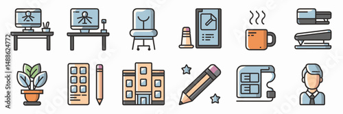 Minimal vector icon set of office items and building – Great for workplace illustration needs, educational posters, or UI kits