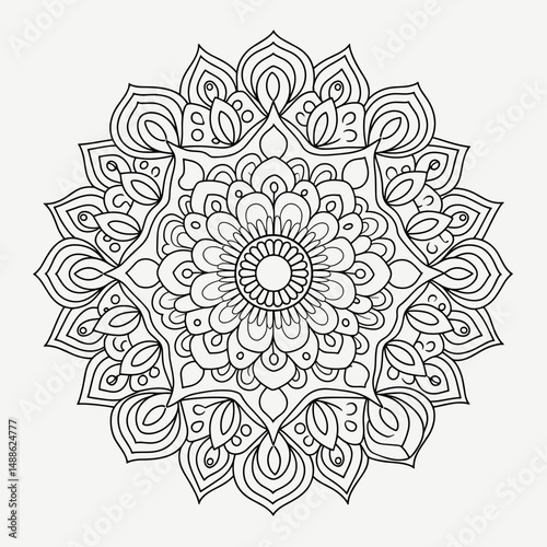Mandala illustration with lotus flowers and symbolic patterns – Perfect for spiritual decor, wellness materials, or mindful coloring content.