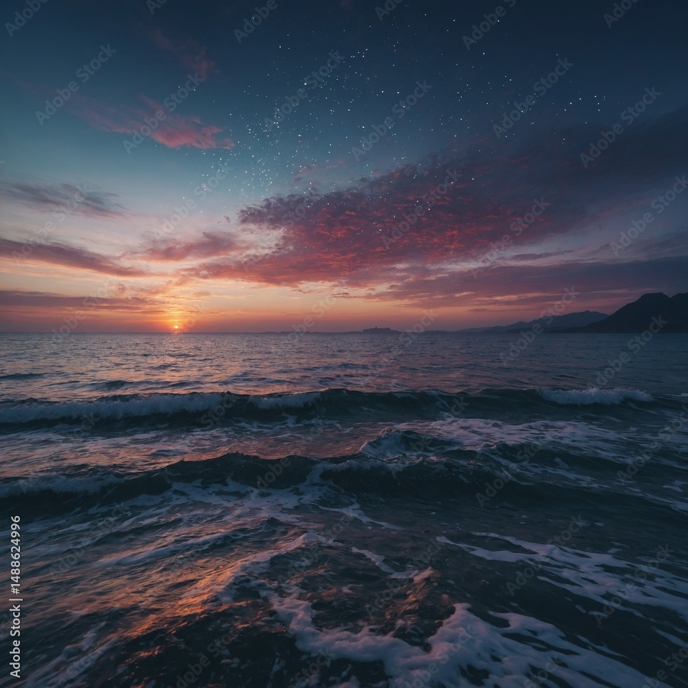 Fototapeta premium A dramatic sunset paints the sky with orange, red, and blue hues over the vast ocean