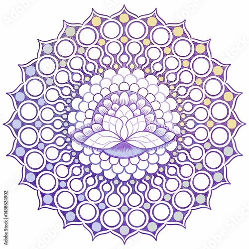 Lotus flower mandala with blue, purple, and yellow circles – Ideal for meditation guides, yoga branding, or spiritual designs.