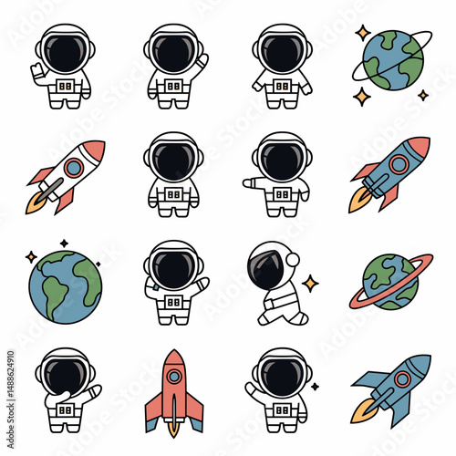 Vector icon sheet of astronauts waving, pointing, and giving thumbs up – Great for educational materials, children’s media, or space-themed branding