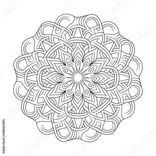Geometric black and white mandala with circles, triangles, and squares – Perfect for tattoo design references, pattern studies, or coloring books.