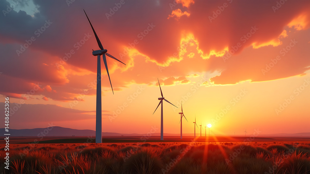 Obraz premium sweeping wide shot captures wind turbine farm dusk towering blades stretching towards horizon vibrant