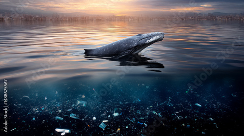 A whale covered in black crude oil struggles to contain a devastating oil spill from a tanker as nature is blighted by human negligence. A global issue threatening ocean wildlife and calling for urge