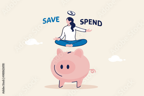 Money decision, save or spend, financial options when receive bonus or extra money, choose to invest or pay off debt concept, doubtful woman lotus sitting on piggy bank balancing save or spend choice.