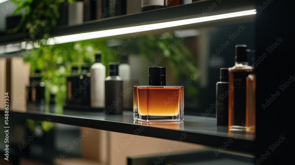 Fototapeta premium A designer perfume collection displayed on a sleek glass shelf, illuminated with elegant lighting, luxury store ambiance,