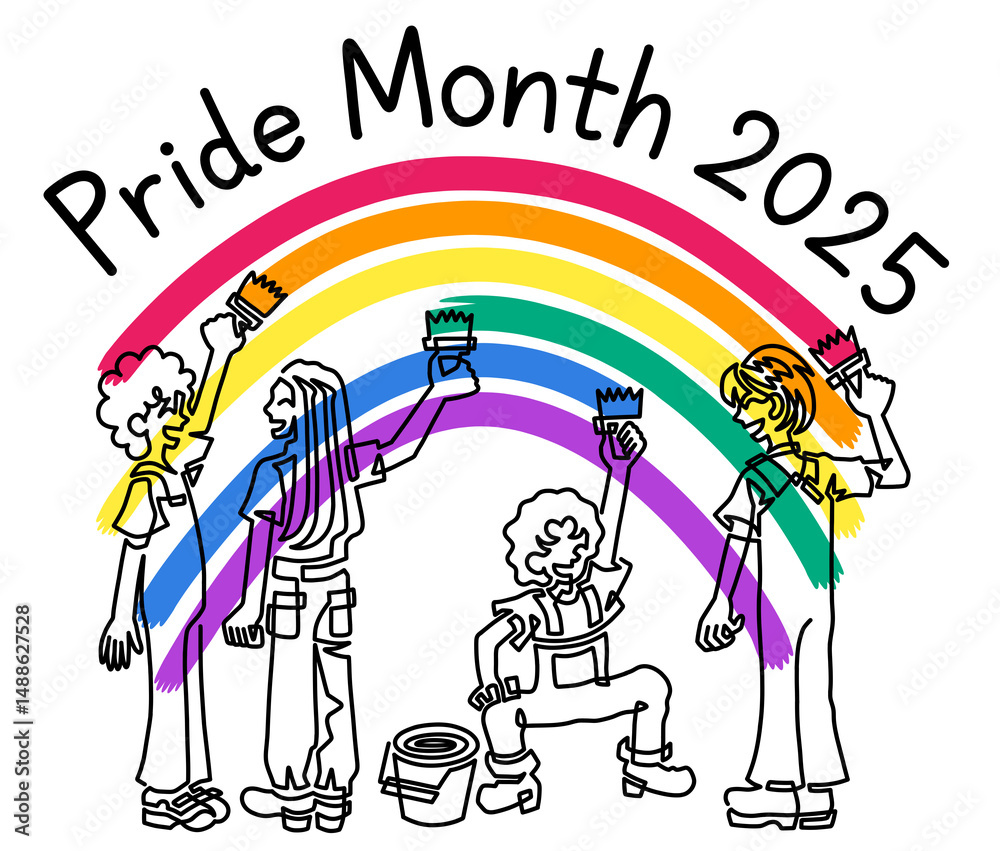 Fototapeta premium group of young people painting six-color rainbow and words Pride Month 2025