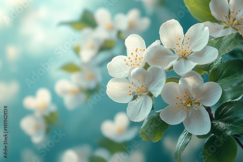 Delicate white blossoms bloom surrounded by vibrant green leaves in a serene spring setting