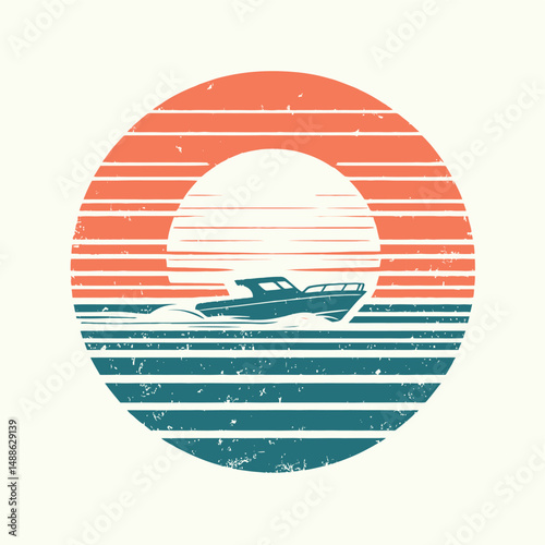 Vintage Distressed Sunset with Motorboat Silhouette in Pastel Blue, Orange, and Red