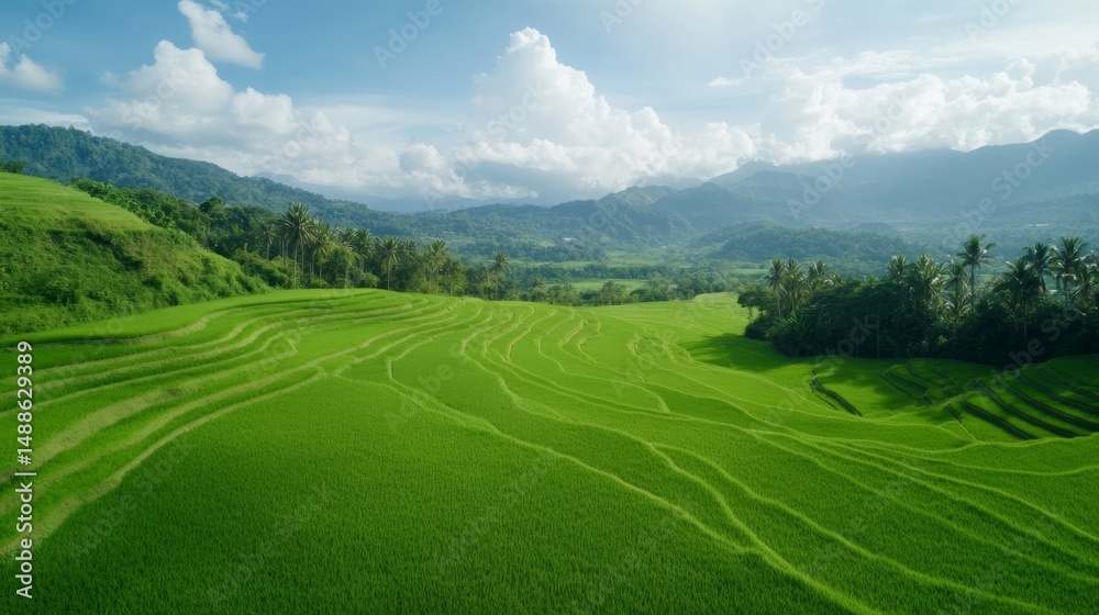 Fototapeta premium A drone shot capturing the endless curves of rice terraces, beautifully blending with the contours of the mountains,