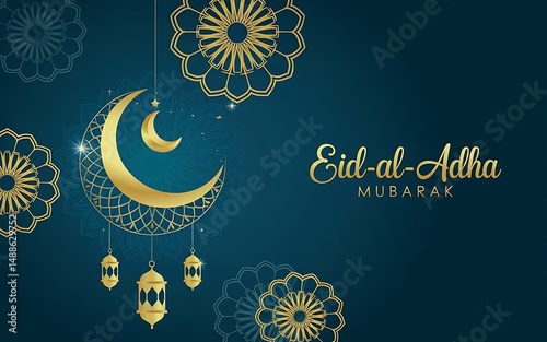 Eid al-Adha Mubarak Greeting Card Design with Gold Crescent Moon and Lanterns
