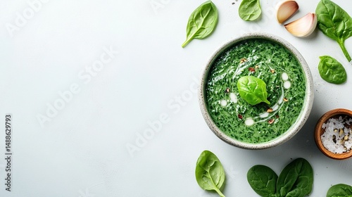 Wallpaper Mural A bowl of creamy green soup with spinach leaves, garlic cloves, and red pepper flakes arranged around it on a light gray surface Torontodigital.ca