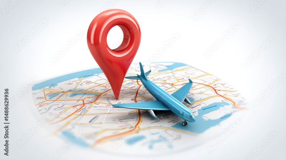 Fototapeta premium Airplane on a map with a location marker