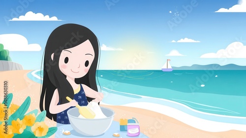 Beach Day Beauty: Girl Mixing Skincare on the Shore