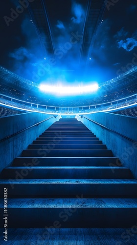 Stadium stairs leading up to bright lights at night time sports venue architecture photography