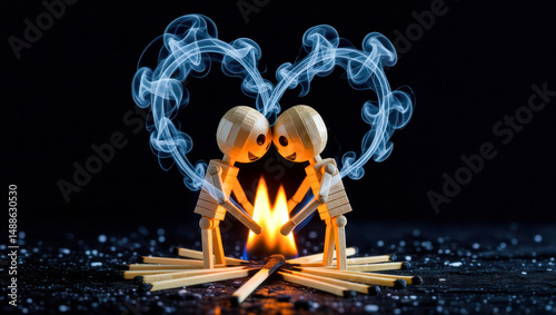 Wooden figures expressing love around a small flame with smoke hearts
