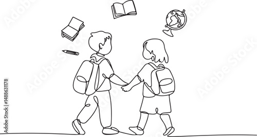 One line drawing of two school children walking together with backpacks, holding hands, surrounded by floating book, pencil, and globe icons

