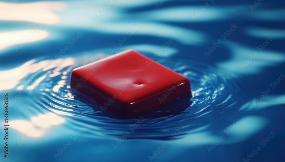Fototapeta premium Red Cube Floating on Rippled Water: A Stunning Visual
