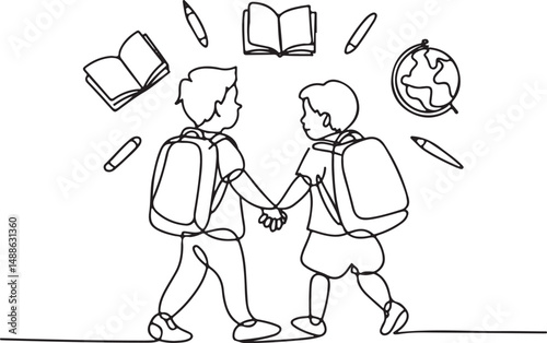 One line drawing of two school children walking together with backpacks, holding hands, surrounded by floating book, pencil, and globe icons


