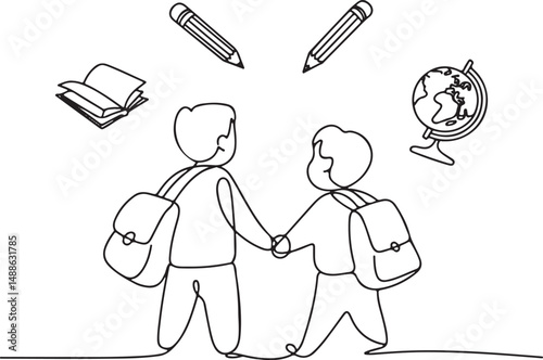 One line drawing of two school children walking together with backpacks, holding hands, surrounded by floating book, pencil, and globe icons

