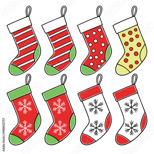 Eight colorful Christmas stockings hanging on a line. The stockings have different designs, including snowflakes, stripes, and polka dots.