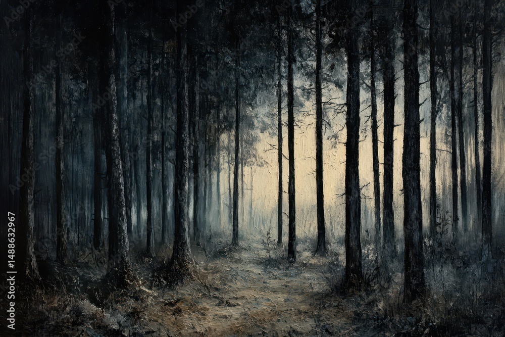 Fototapeta premium Mysterious forest pathway illuminated by soft light in the early morning fog, forest in the woods