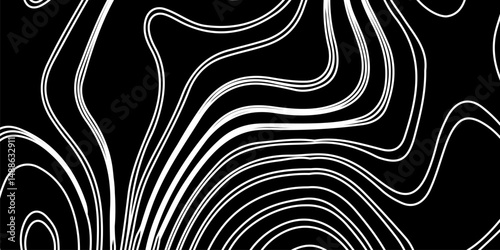 Abstract digital artwork featuring intricate topographic contour lines in fine detail, flowing smoothly and organically across a pure black background. 