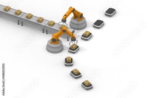 ロボットとコンベヤーベルトによる自動化された産業製造・物流システム：効率的な搬送と生産性向上を実現する未来の工場