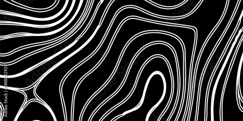 Abstract digital artwork featuring intricate topographic contour lines in fine detail, flowing smoothly and organically across a pure black background. 