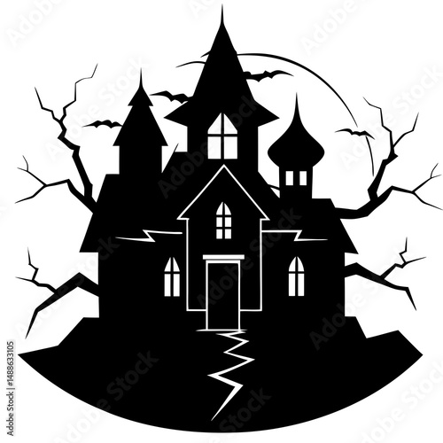 Scary mansion with lightning strike silhouette vector illustration