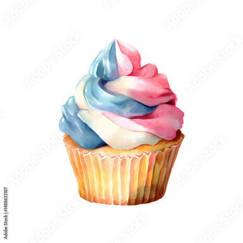 A colorful watercolor cupcake with layers of blue, white, and pink frosting sits isolated against a clean white background, perfect for dessert lovers.