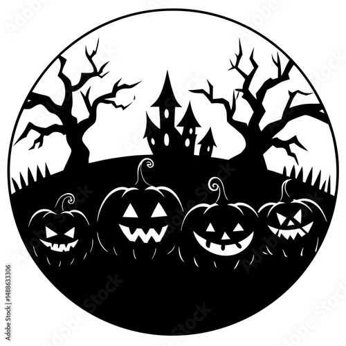 Spooky pumpkin patch scene silhouette vector illustration