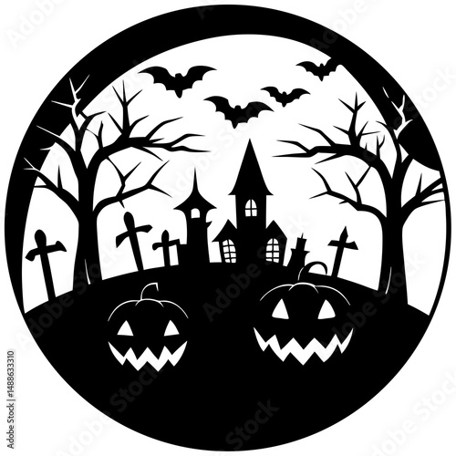 Spooky pumpkin patch scene silhouette vector illustration