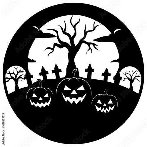 Spooky pumpkin patch scene silhouette vector illustration