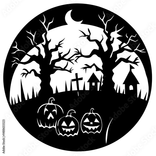 Spooky pumpkin patch scene silhouette vector illustration