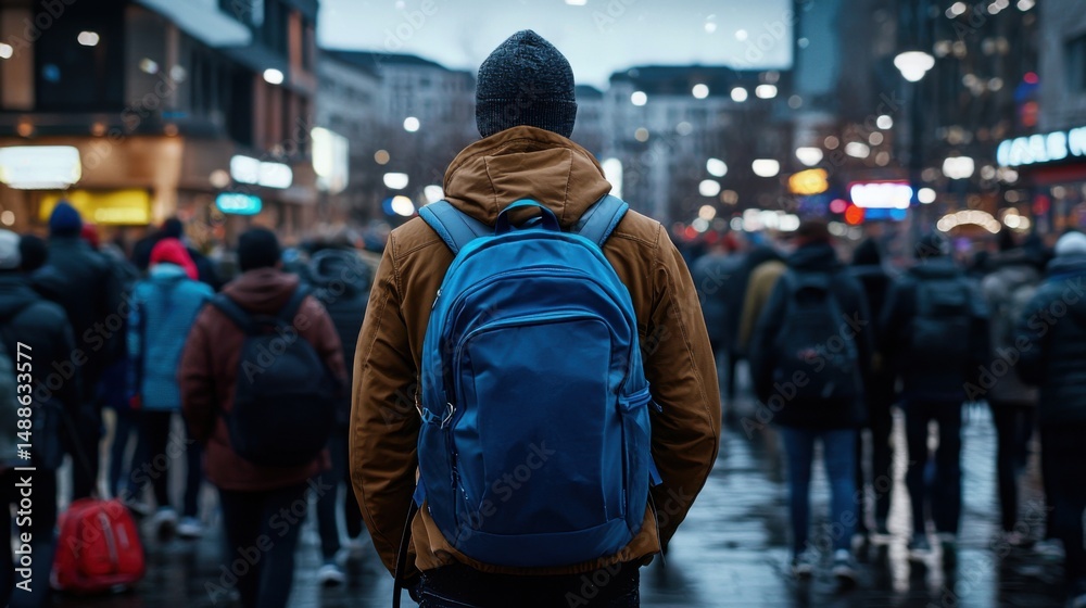 A man wearing a blue backpack stands in a crowd of people A man wearing a blue backpack stands in a crowd of people