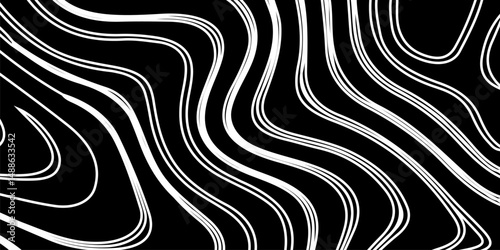 Abstract digital artwork featuring intricate topographic contour lines in fine detail, flowing smoothly and organically across a pure black background. 