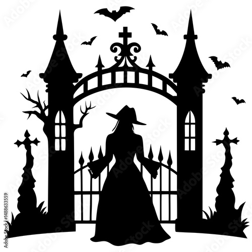 Witch standing at old haunted gate silhouette vector illustration