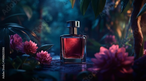 A high-end perfume bottle adorned with floral motifs, sparkling under elegant lighting, premium luxury,