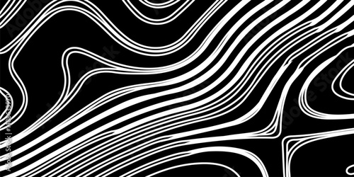 Abstract digital artwork featuring intricate topographic contour lines in fine detail, flowing smoothly and organically across a pure black background. 