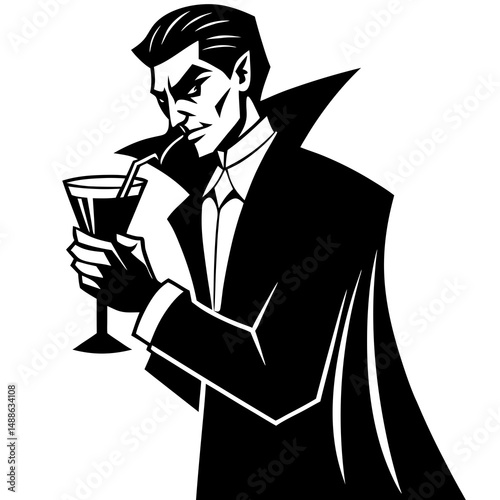 Dracula sipping blood cocktail silhouette vector illustration