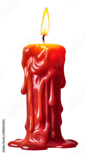 red burning candle with melting wax on transparent background 