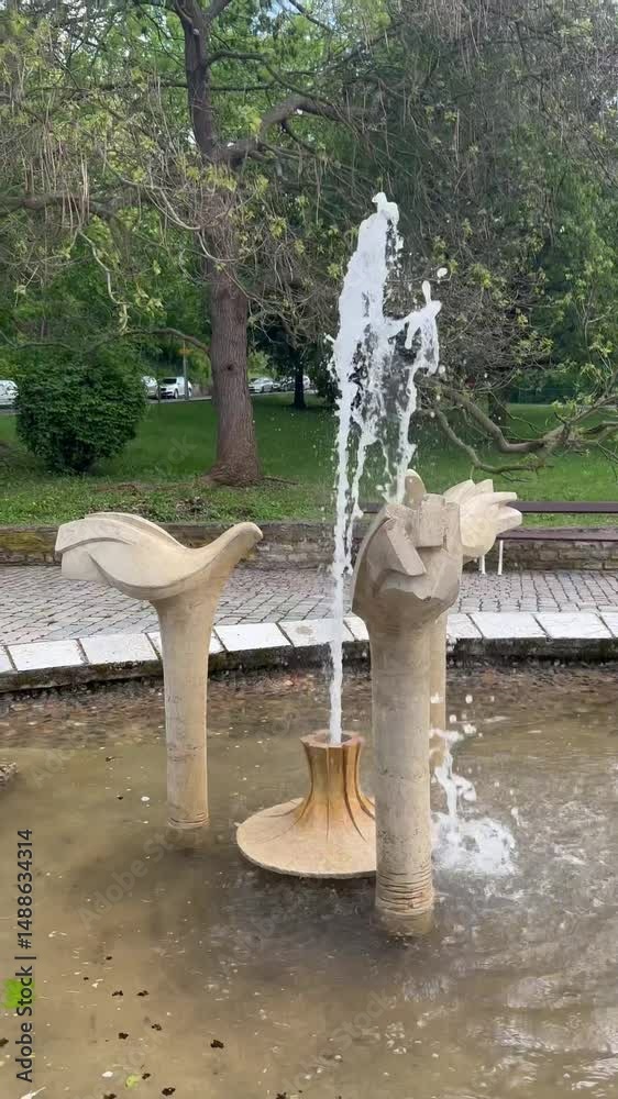 an interesting modernized fountain with water coming out of it